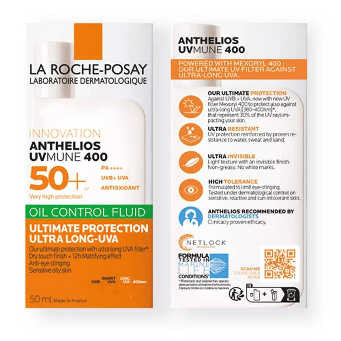 کرم ضد آفتاب بی رنگ کنترل چربی فلوئیدی لاروش پوزای LA ROCHE POSAY ANTHELIOS UVMUNE 400 OIL CONTROL FLUID SPF50 حجم 50 می