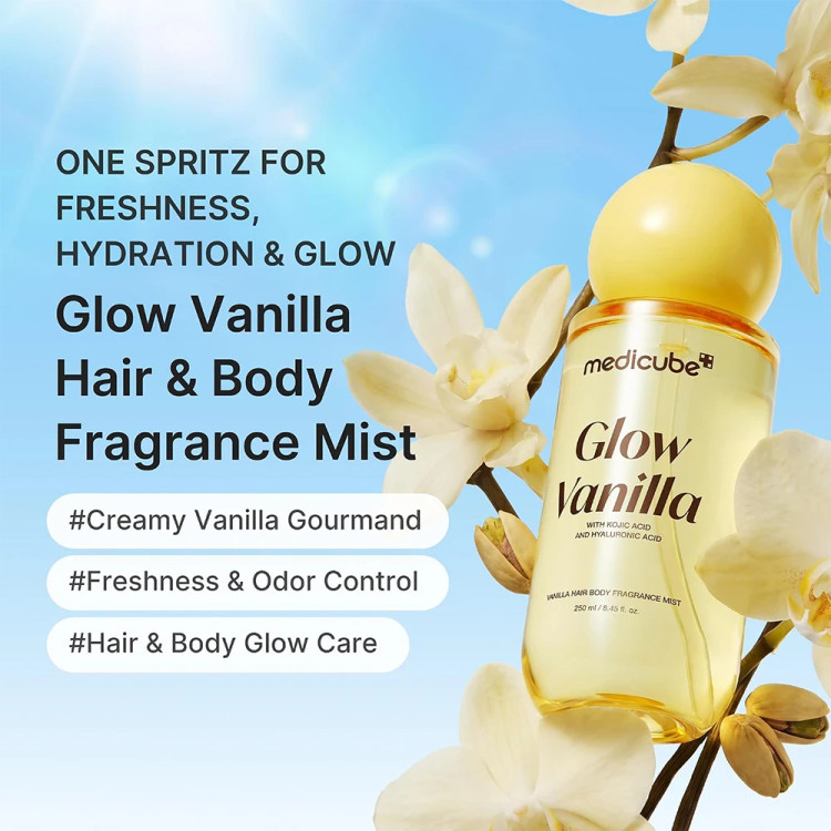 میست خوشبوکننده مو و بدن مدی کیوب مدل GLOW VANILLA رایحه وانیل حاوی کوجیک اسید و هیالورونیک اسید حجم 100 میلیلیتر