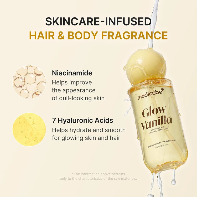 میست خوشبوکننده مو و بدن مدی کیوب مدل GLOW VANILLA رایحه وانیل حاوی کوجیک اسید و هیالورونیک اسید حجم 100 میلیلیتر