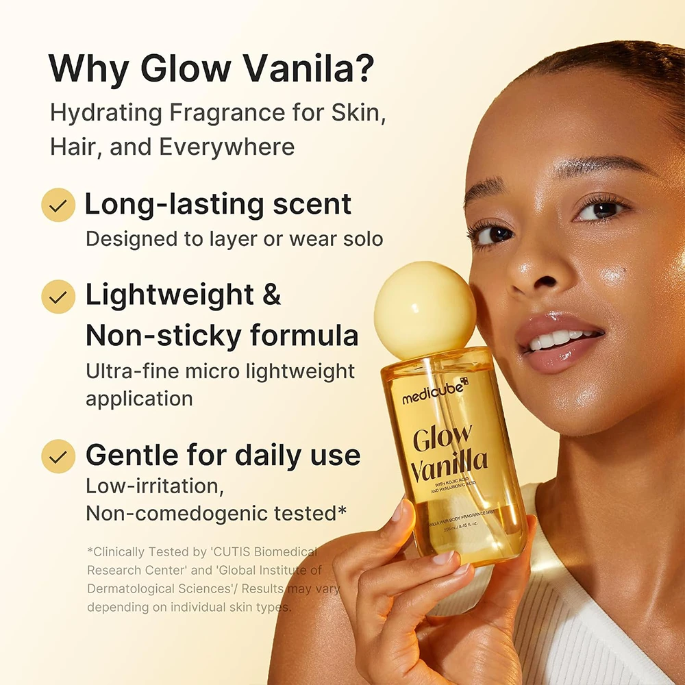 میست خوشبوکننده مو و بدن مدی کیوب مدل GLOW VANILLA رایحه وانیل حاوی کوجیک اسید و هیالورونیک اسید حجم 100 میلیلیتر