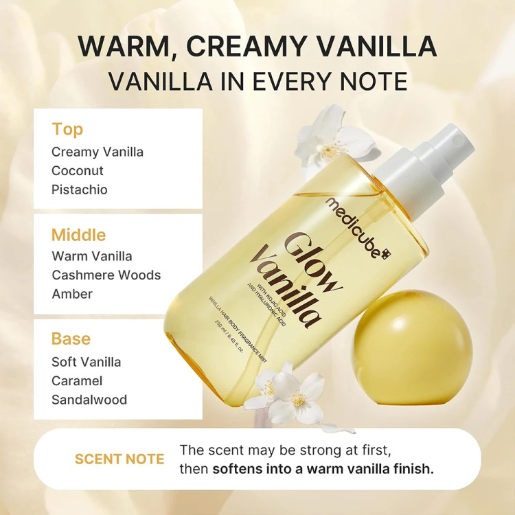 میست خوشبوکننده مو و بدن مدی کیوب مدل GLOW VANILLA رایحه وانیل حاوی کوجیک اسید و هیالورونیک اسید حجم 100 میلیلیتر
