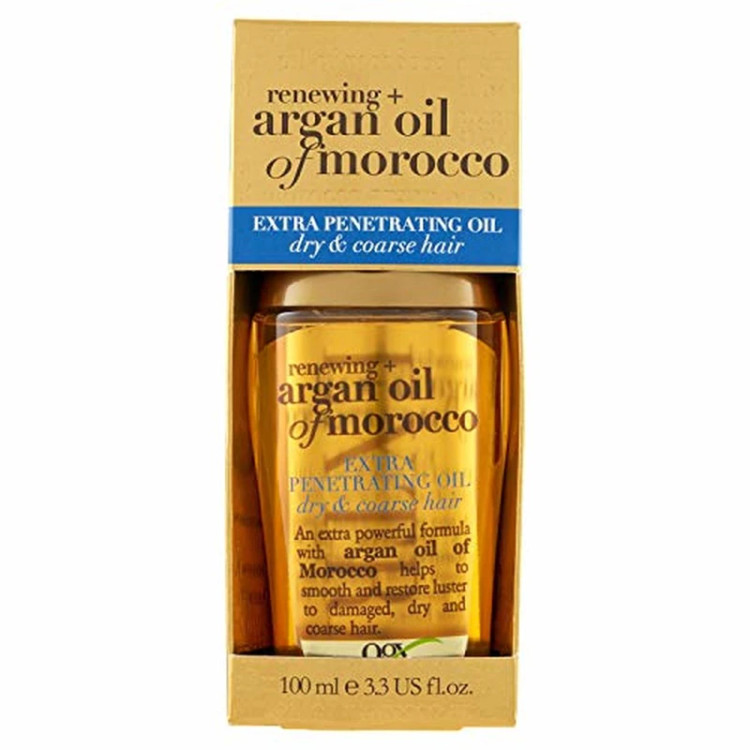 روغن مو او جی ایکس مدل Extra Penetrating Oil حجم 100 میلیلیتر، حاوی روغن آرگان و ویتامینهای A و E، نرمکننده و ترمیمکننده موهای خشک و آسیبدیده، ضد وز و درخشان کننده، تقویت کننده و مغذی، فاقد پارابن