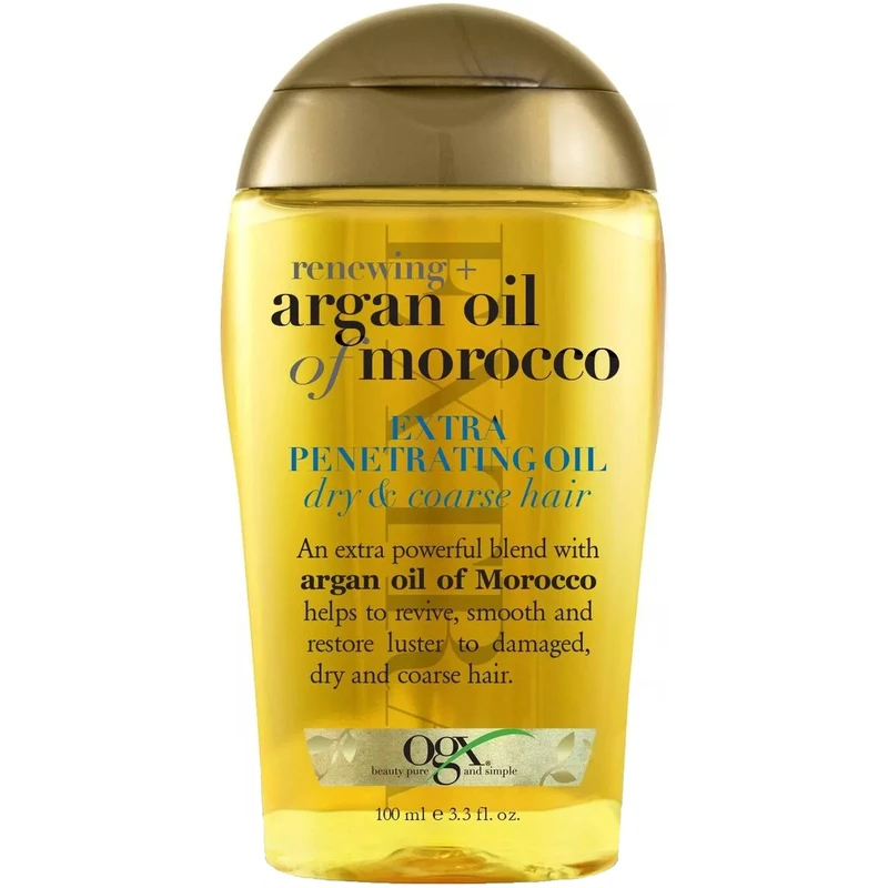 روغن مو او جی ایکس مدل Extra Penetrating Oil حجم 100 میلی‌لیتر، حاوی روغن آرگان و ویتامین‌های A و E، نرم‌کننده و ترمیم‌کننده موهای خشک و آسیب‌دیده، ضد وز و درخشان کننده، تقویت کننده و مغذی، فاقد پارابن